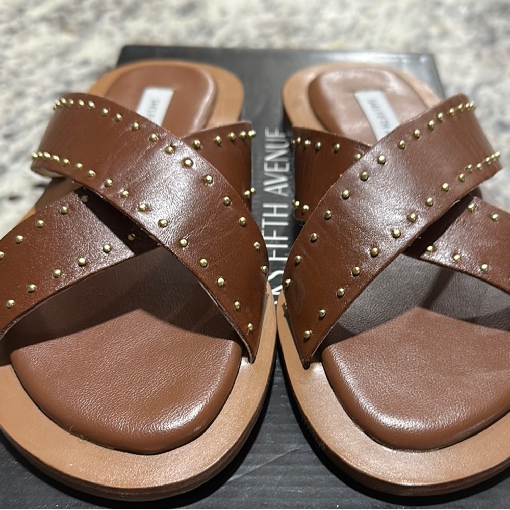 NEW! Saks Fifth Avenue Brown Slide Sandals with Gold Studs (comes with dust bag)